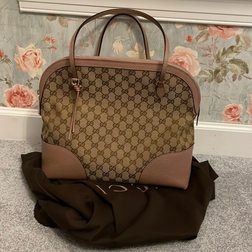 Gucci canvas and rose pink leather shoulder bag